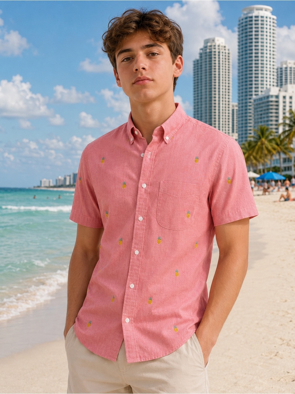🧡 J.Crew Men’s Pink Pineapple Embroidered Cotton Short Sleeve Shirt Size S NWOT